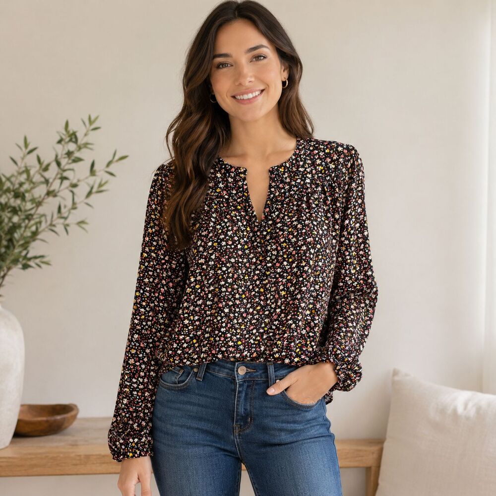 LOFT Black Floral Split Neck Long Sleeve Blouse Size Small